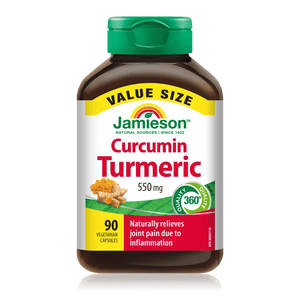 A bottle of Jamieson Curcumin Turmeric dietary supplement, 550 mg, containing 90 vegetarian capsules. The product is shown in a dark brown bottle with a green cap, featuring a white label with yellow, green, and red accents. - okotoks hc pharmacy