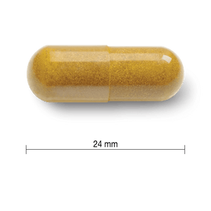 Yellow and white capsule with dimensions on a white background - okotoks hc pharmacy
