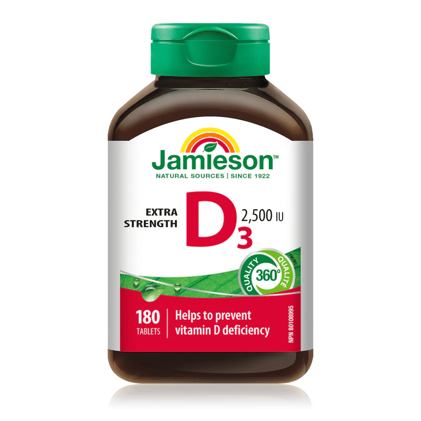 Jamieson Extra Strength D3 supplement bottle on a white background - Okotoks HC Pharmacy