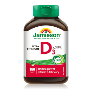 Jamieson Extra Strength D3 supplement bottle on a white background - Okotoks HC Pharmacy