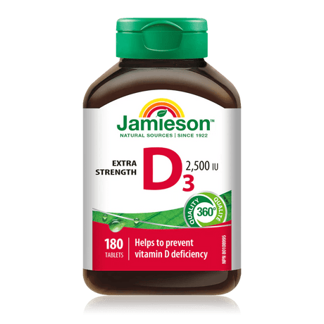 Jamieson Extra Strength D3 supplement bottle on a white background - Okotoks HC Pharmacy