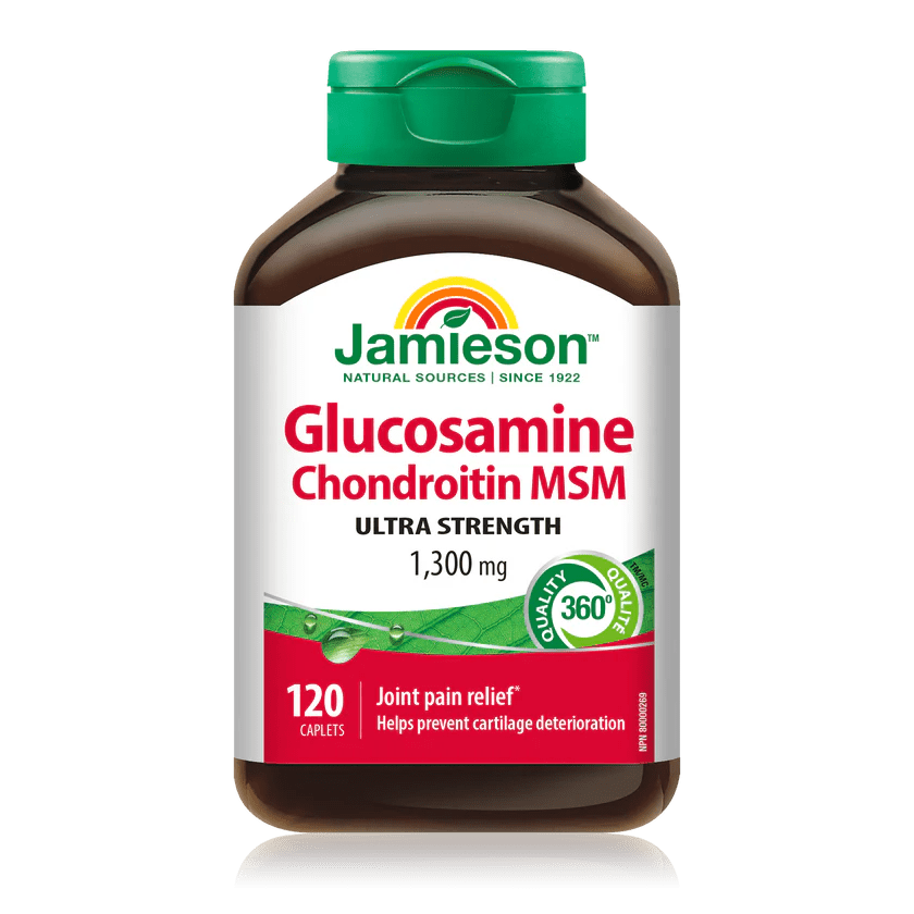 Bottle of Jamieson Glucosamine Chondroitin MSM supplement on a white background - okotoks hc pharmacy