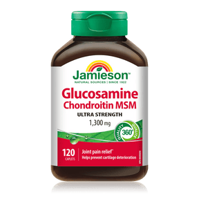 Bottle of Jamieson Glucosamine Chondroitin MSM supplement on a white background - okotoks hc pharmacy