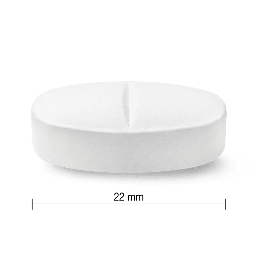 White pill container with dimensions labeled on a white background - okotoks hc pharmacy