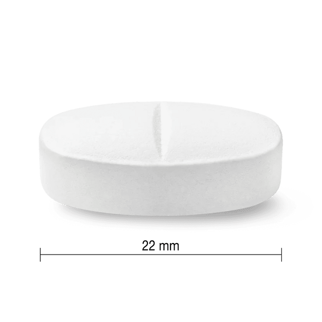 White pill container with dimensions labeled on a white background - okotoks hc pharmacy