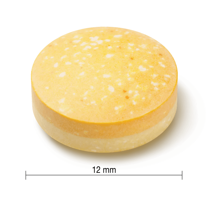 Round yellow soap bar with white specks on a white background, showing a measurement of 12 mm. - okotoks hc pharmacy