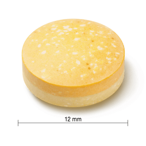 Round yellow soap bar with white specks on a white background, showing a measurement of 12 mm. - okotoks hc pharmacy