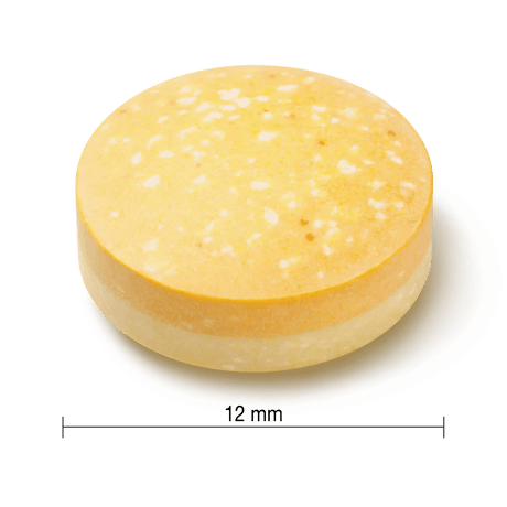 Round yellow soap bar with white specks on a white background, showing a measurement of 12 mm. - okotoks hc pharmacy