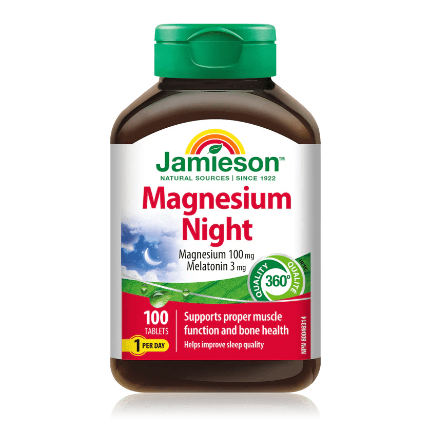 Jamieson Magnesium Night supplement bottle on a white background - okotoks hc pharmacy