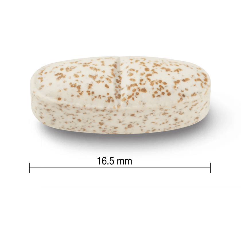 Tortoiseshell-patterned pill with dimensions labeled on a white background - okotoks hc pharmacy
