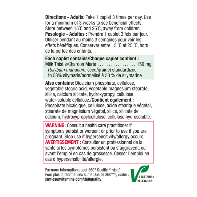 Product label with text about milk thistle caplets on a black background - okotoks hc pharmacy