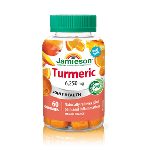 Jar of Jamieson Turmeric joint health gummies on a white background - Okotoks HC Pharmacy