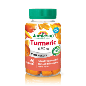 Jar of Jamieson Turmeric joint health gummies on a white background - Okotoks HC Pharmacy