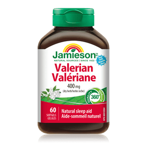 Jar of Jamieson Valerian supplement on a white background - okotoks hc pharmacy