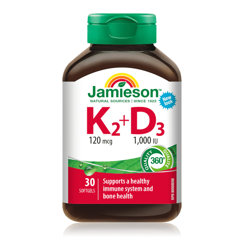 Jamieson K2+D3 supplement bottle on a white background - okotoks hc pharmacy