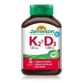 Jamieson K2+D3 supplement bottle on a white background - okotoks hc pharmacy