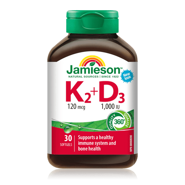 Jamieson K2+D3 supplement bottle on a white background - okotoks hc pharmacy