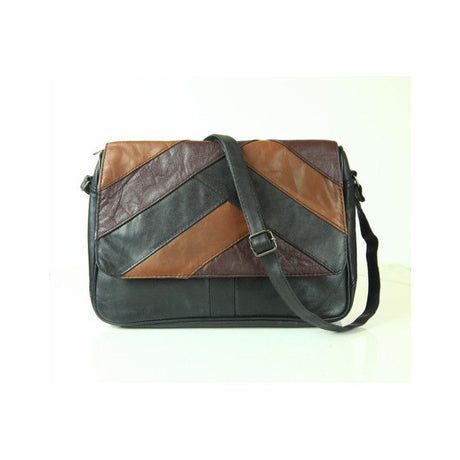 Patchwork leather bag with brown and black colors on a white background - okotoks hc pharmacy