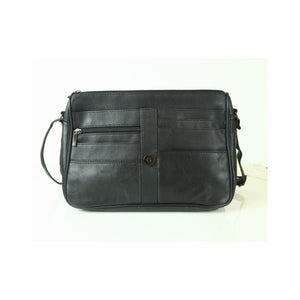 Black leather bag with a strap on a white background - okotoks hc pharmacy