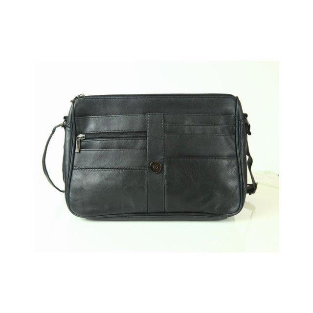 Black leather bag with a strap on a white background - okotoks hc pharmacy