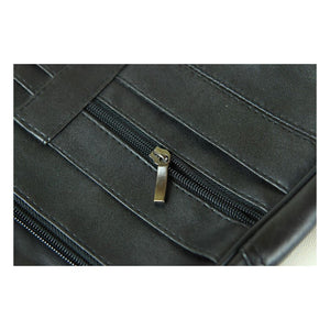 Close-up of a black leather bag with a zipper - okotoks hc pharmacy