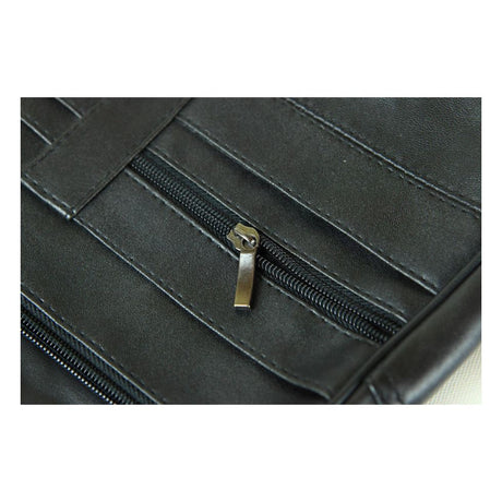 Close-up of a black leather bag with a zipper - okotoks hc pharmacy