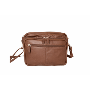 Brown leather crossbody bag on a white background - okotoks hc pharmacy