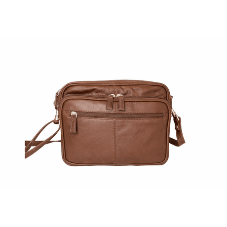 Brown leather crossbody bag on a white background - okotoks hc pharmacy