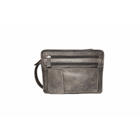 Black leather wristlet with multiple compartments on a white background - okotoks hc pharmacy