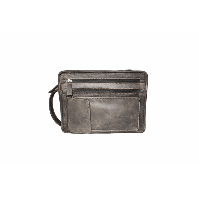 Black leather wristlet with multiple compartments on a white background - okotoks hc pharmacy