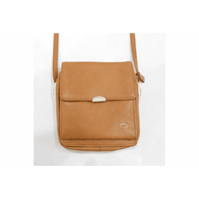 Tan leather crossbody bag on a white background - okotoks hc pharmacy
