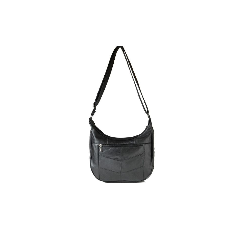 Black leather handbag with a shoulder strap on a white background - okotoks hc pharmacy