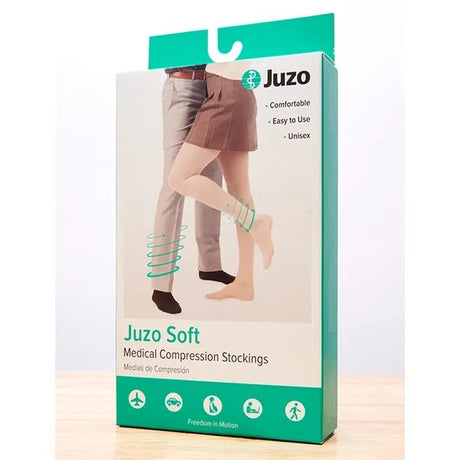 Juzo Soft Medical Compression Stockings retail packaging box, featuring a white and teal design with an illustration of legs wearing the stockings. - okotoks hc pharmacy