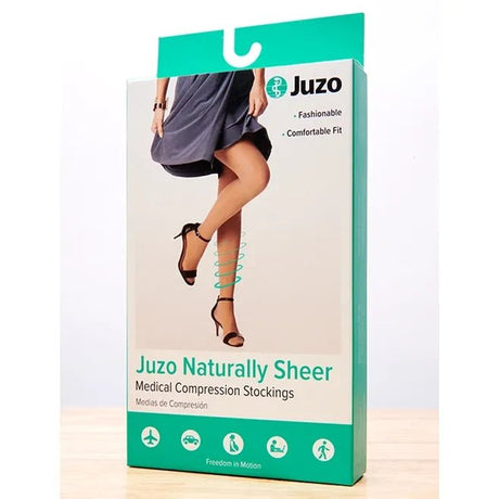 Juzo Naturally Sheer Medical Compression Stockings retail box, featuring a model's legs in black high heels with a teal graphic indicating sheer compression, set against a plain white background. - okotoks hc pharmacy