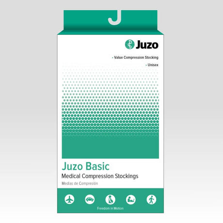 Juzo Basic medical compression stockings packaging, featuring a white box with a green halftone pattern and a hanging tab at the top, set against a light gray gradient background. - okotoks hc pharmacy