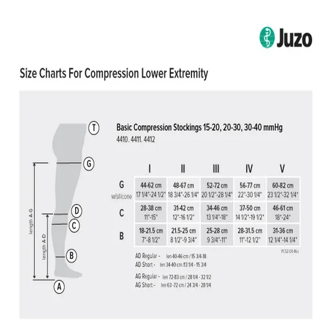 Size chart diagram for Juzo compression lower extremity stockings, showing a leg measurement guide with labeled points and a size table for basic compression stockings in millimeters. - okotoks hc pharmacy