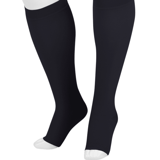 Black knee-high compression socks shown on a white mannequin leg form against a plain white background.  -okotoks hc pharmacy
