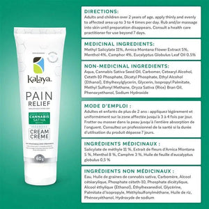 Kalaya Pain Relief Cream packaging with ingredient and usage information on a green background - okotoks hc pharmacy
