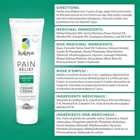 Kalaya Pain Relief Cream packaging with ingredient and usage information on a green background - okotoks hc pharmacy