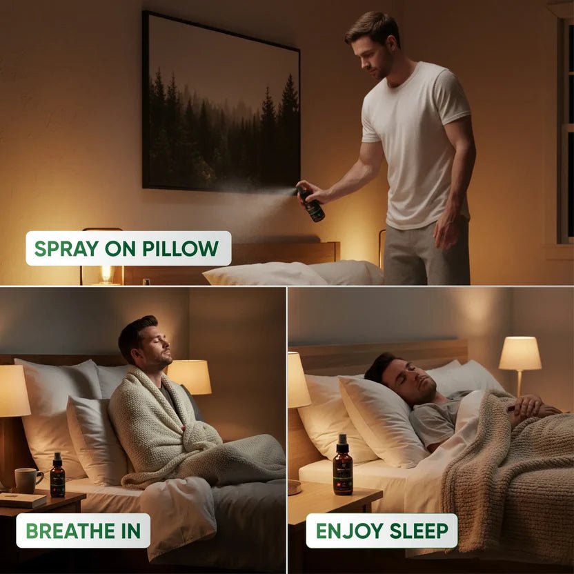 Man in a bedroom spraying a product on a pillow, followed by scenes of him relaxing and sleeping. - okotoks hc pharmacy