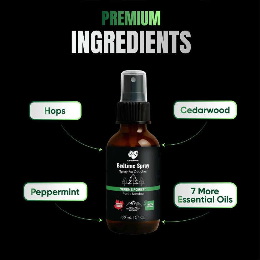Bedtime spray bottle with labeled ingredients on a black background - okotoks hc pharmacy