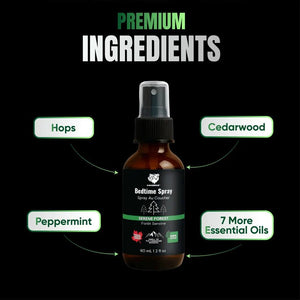 Bedtime spray bottle with labeled ingredients on a black background - okotoks hc pharmacy