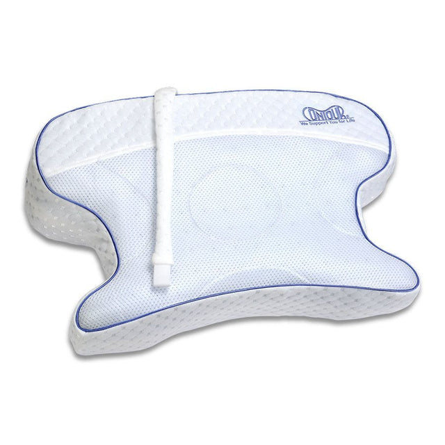 White neck pillow with blue accents and a straw on a white background - okotoks hc pharmacy