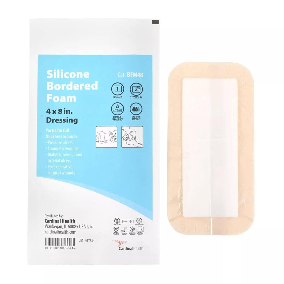 Silicone bordered foam dressing with packaging on a white background - okotoks hc pharmacy