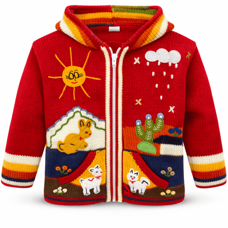Colorful children's sweater with animal and weather designs on a white background - okotoks hc pharmacy