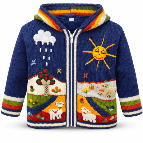 Colorful children's hoodie with weather-themed design on a white background - okotoks hc pharmacy