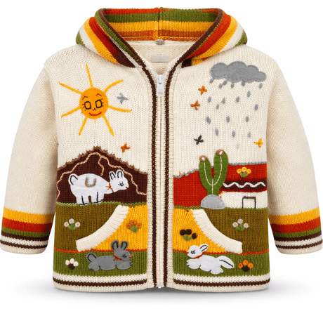 Children's sweater with weather and landscape patterns on a white background - okotoks hc pharmacy