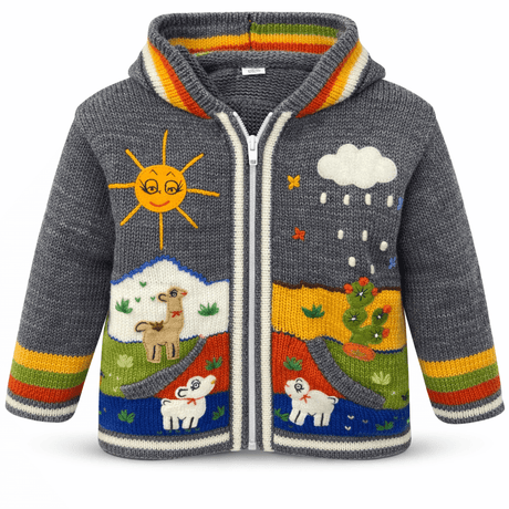 Children's knitted jacket with colorful designs on a white background - okotoks hc pharmacy