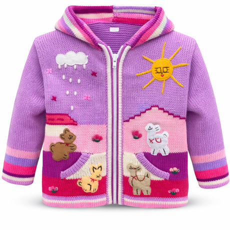 Children's knitted jacket with colorful designs on a white background - okotoks hc pharmacy