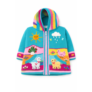 Colorful children's knitted jacket with animal and weather patterns on a white background - okotoks hc pharmacy